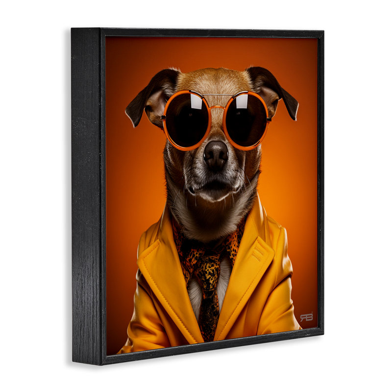 «Trendy Dog Yellow», estampe numérique par Roozbeh Bahramali, Giclée encadrée noir minuit, H 12 po x l 12 po