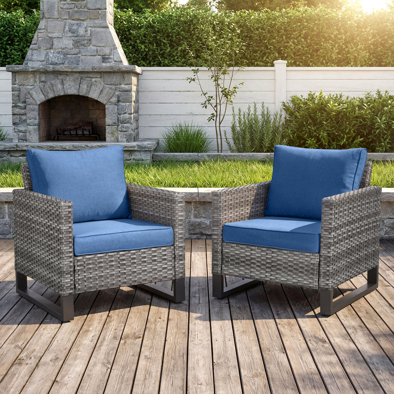 Silviea 2-Person Wicker Outdoor Lounge Armchair with Thick Cushions, Blue