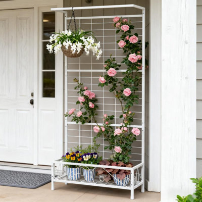 35.4" W x 12.8" D x 74.2" H White Metal Tall Plant Stand with Trellis & Hanging Bar, Plant Holder for Indoor & Outdoor Use