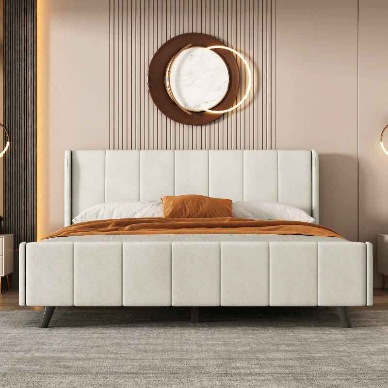 Lit plateforme tapissier avec tissu en velours, élégant et confortable, Beige, Grand