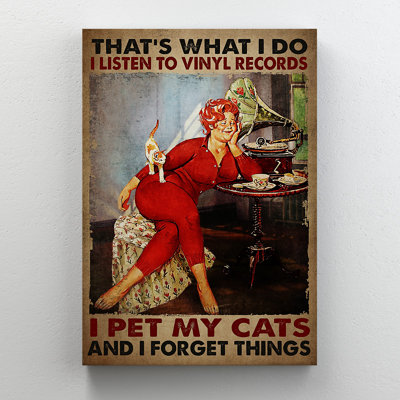 Woman With Cat And Vinyl Record - I Listen To Vinyl Records - 1 Piece Rectangle Graphic Art Print On Wrapped Canvas