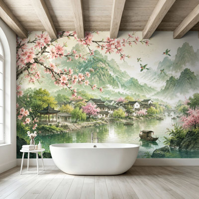 Peel and Stick Wallpaper Wall Mural Chinese Ink Wash Landscape Cherry Blossoms Mountain Village River Wall Art Self Adhesive and Removable