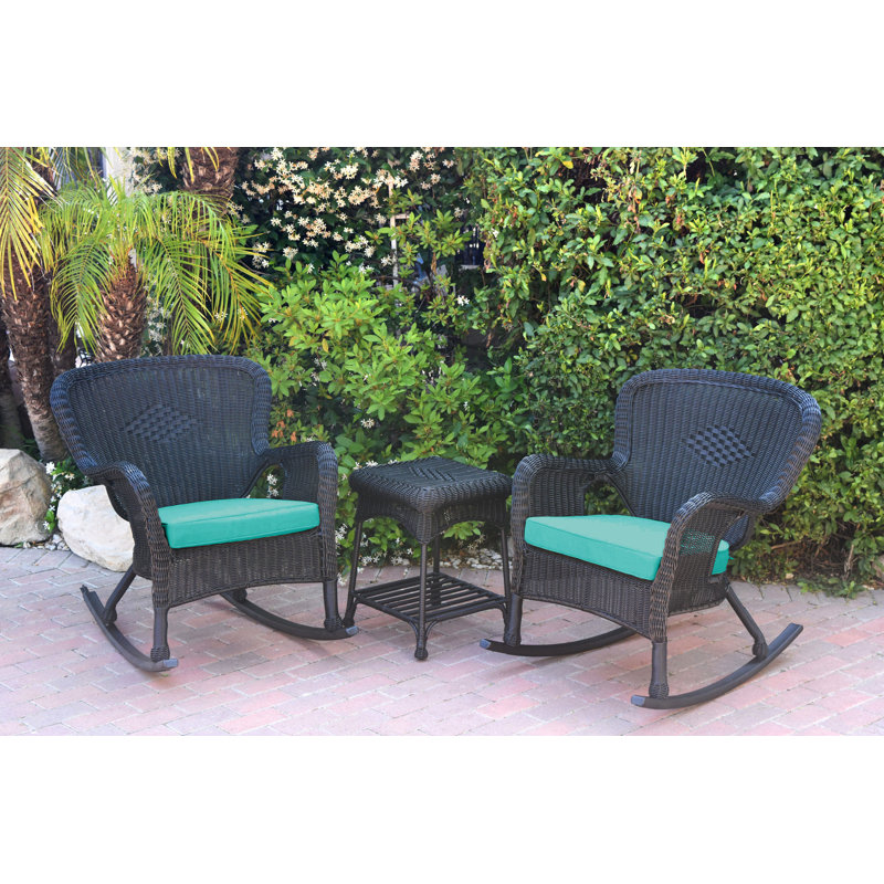 Windsor Resin Wicker Rocker Chair And End Table Set With Cushions, Black, Turquoise