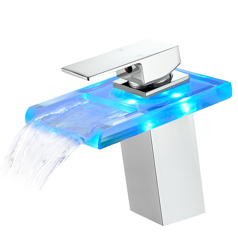 Modern Led Bathroom Sink Faucet: 3 Colour Changing Waterfall, Deck Mounted, Single Hole, Hot & Cold Water Mixer, Side Spray Lighted Colours Mixture, Ceramic Valve