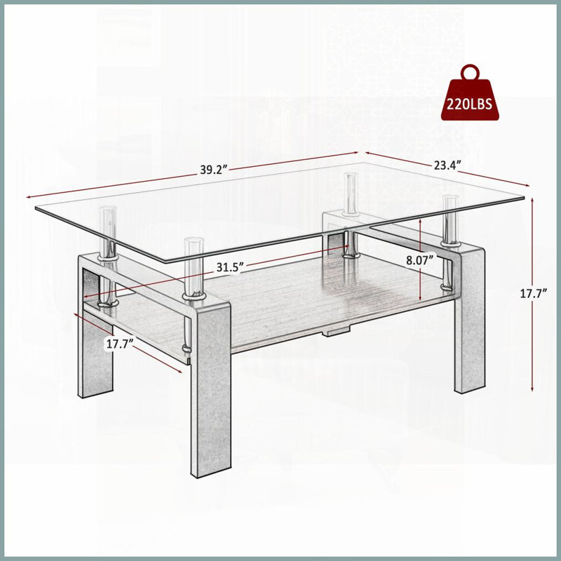 Table basse rectangulaire en verre trempé pour le salon, facile à nettoyer avec rangement en panneau de fibres à densité moyenne, L 39,2 po x l 23,4 po
