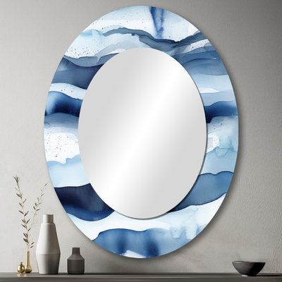 Abstract Classic Blue Waves II - Large Oval Wall Mirror On Metal