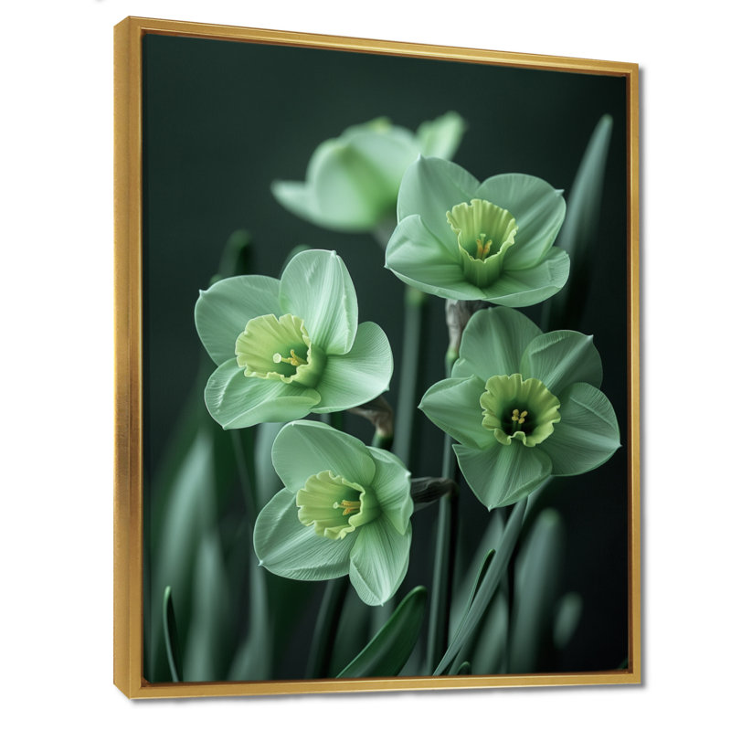 Monochromes de jardin glamour jonquilles II - jonquilles murales, Cadre flottant doré, H 24 po x l 32 po