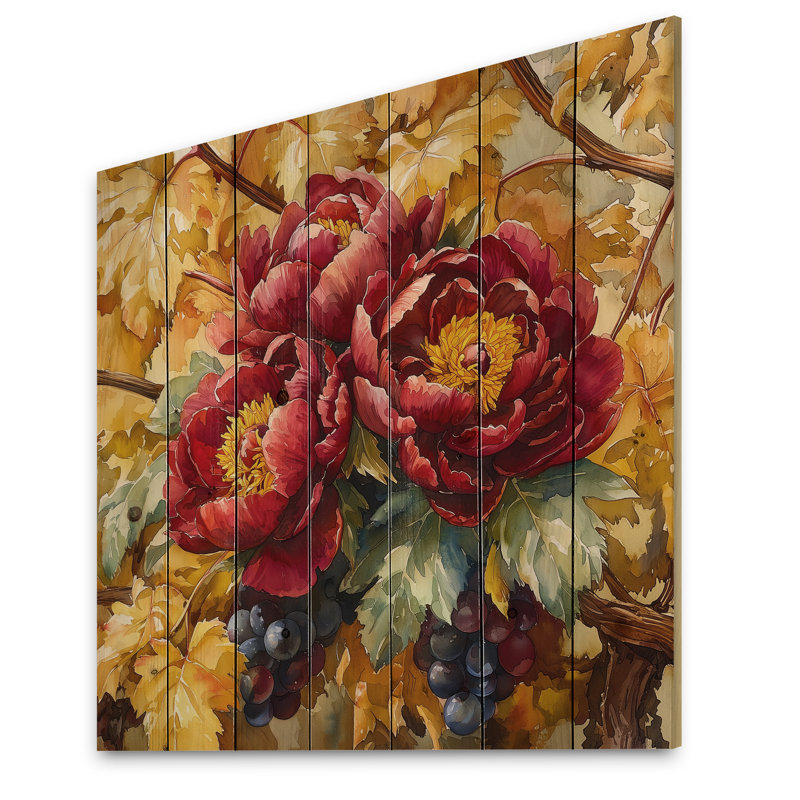 Pivoines et vigne d'automne II - impression de bois de pivoines - sur bois de pin naturel, H 36 po x l 36 po x P 0,78 po