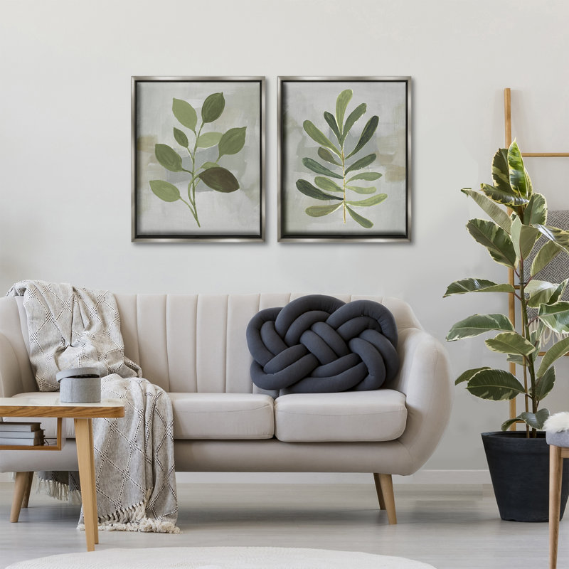 Ensemble de cadres flottants Green Leaf Branches sur fond gris, par Lanie Loreth, Cadre flottant gris lustré