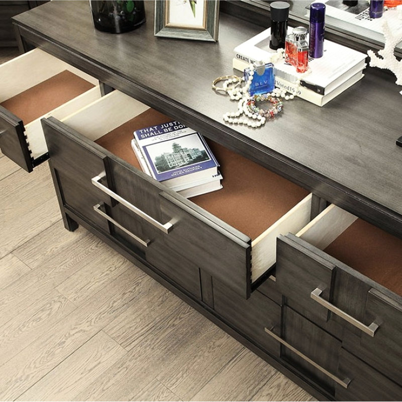 Table de chevet grise contemporaine à 1 tiroir avec 2 tiroirs, plateau doublé de feutre, quincaillerie en bois massif et nickel, assemblage simple pour la table de chevet décorative, placage, facile à assembler