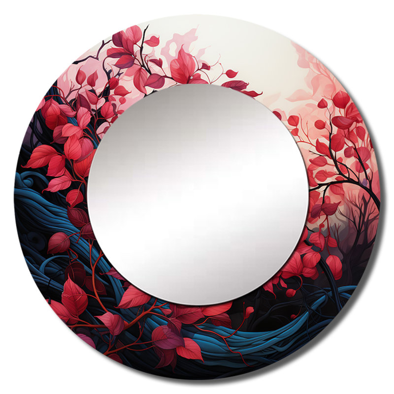 Rushan rouge et noir minimaliste botanique feuilles - miroir décoratif de feuilles, miroir mural rond traditionnel, impression d'art en métal