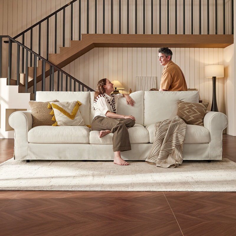 Oversized 111.4" 3-Seater Cloud Sofa With Washable Slipcover, Farmhouse Style, Deep Seat, White, 37.4" H x 118" W x 39.37" D