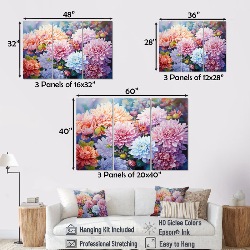 «Pinka And White Mums Minimal Charm I», ensemble d'art sur toile, Toile tendue, H 32 po x l 48 po x P 1 po