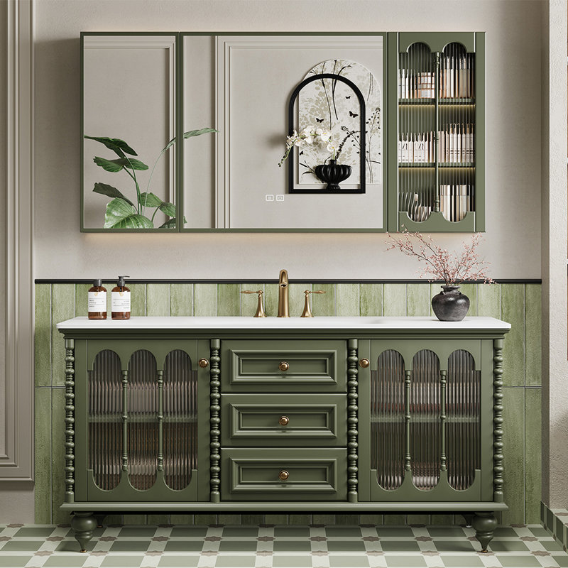 French vintage style bathroom cabinet, 32.28" H x 55.12" W x 21.65" D, Green