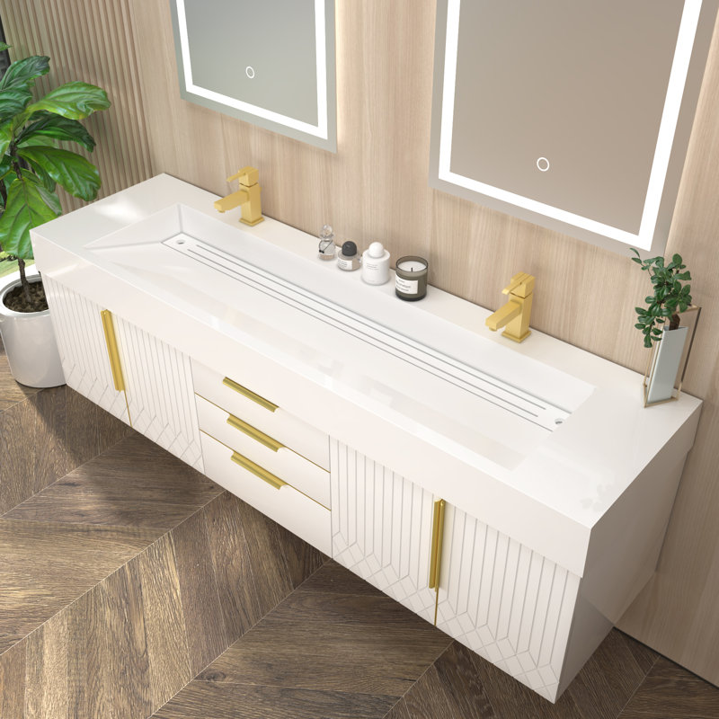 Milana  Floating Bathroom Vanity With Reinforced Acrylic Double Sink In Gloss White, 72"
