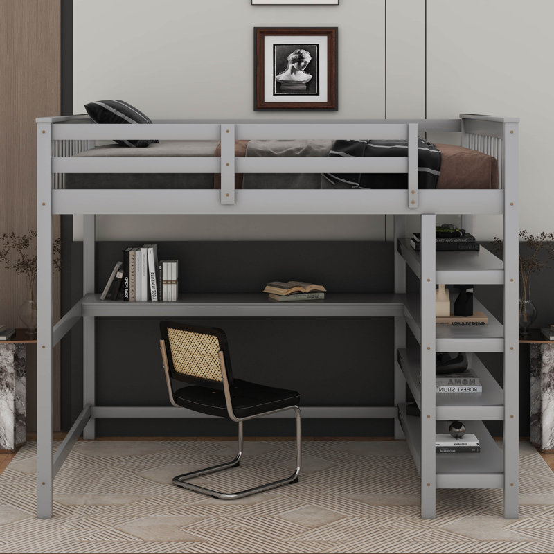 Lit mezzanine avec tablettes de rangement et bureau sous le lit, Gris, Lit double