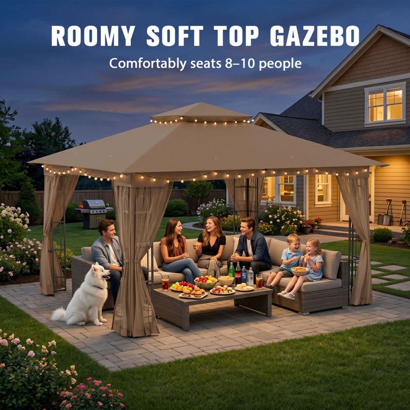 13 Ft. W x 11 Ft. D Steel Patio Gazebo with Netting, Brown
