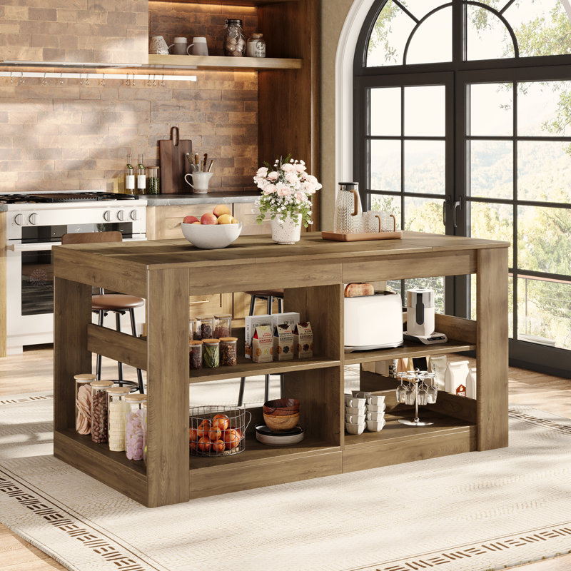 Îlot de cuisine 63 po avec rangement, table de îlot stationnaire en bois à 3 niveaux avec grand plan de travail et espace pour les jambes