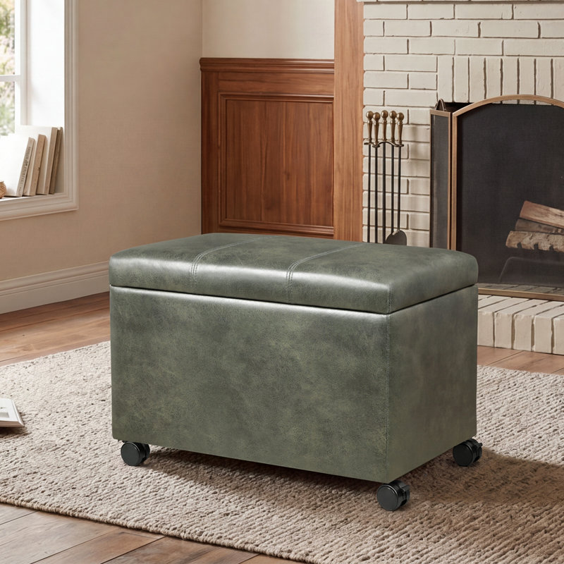 Faux Leather Storage Ottoman With Casters Vintage-Style, Green