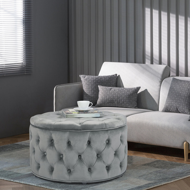 Amram Tufted Round Storage Ottoman, Grey Velvet