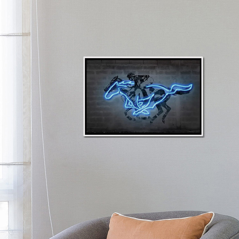 Reproduction d’art, "Mustang" par octave Mielu, Pas de tapis, H 18 po x l 26 po x P 1,5 po, Toile blanche encadrée