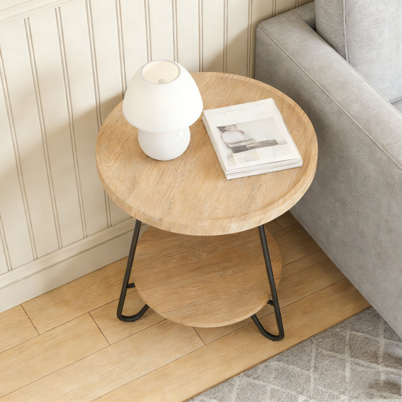 Table d'appoint à deux niveaux avec pieds en métal, Chêne