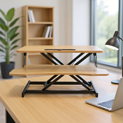 Convertisseur de bureau assis-debout réglable en hauteur (81 cm), configuration double écran et ordinateur portable au design ergonomique, pour le bureau ou les études, surélève le poste de travail de 50 cm et intègre un plateau de clavier confortable.