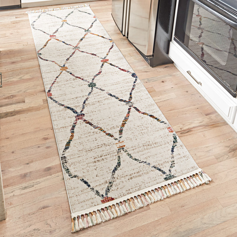 Amiens Dieppe Ivory Multi-Color Moroccan Bohemian Easy Care Indoor Area Rug with Short Fringe, Rectangle 2'5" x 8'