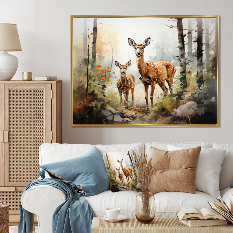 Deers Whispering Woods II sur impression sur toile, H 12 po x l 20 po x P 1 po, Cadre flottant doré