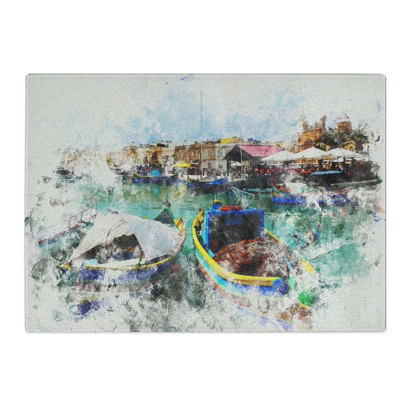 Fishing Boats in Malta Watercolour Chopping Board, 0.4cm H x 28.5cm W x 39cm L