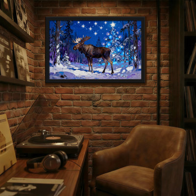 Orignal de Noël dans une forêt enneigée, scène de nuit avec des étoiles