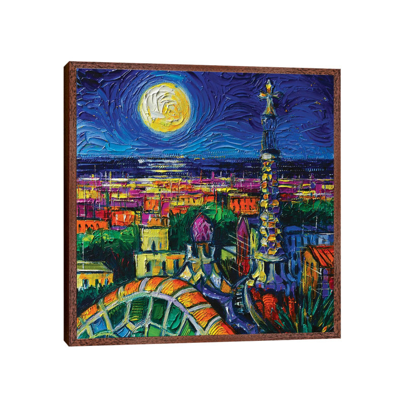 Barcelona Full Moon by Mona Edulesco - Painting on Canvas, Classic Brown Wood Framed, 45.72cm H x 45.72cm W x 3.81cm D