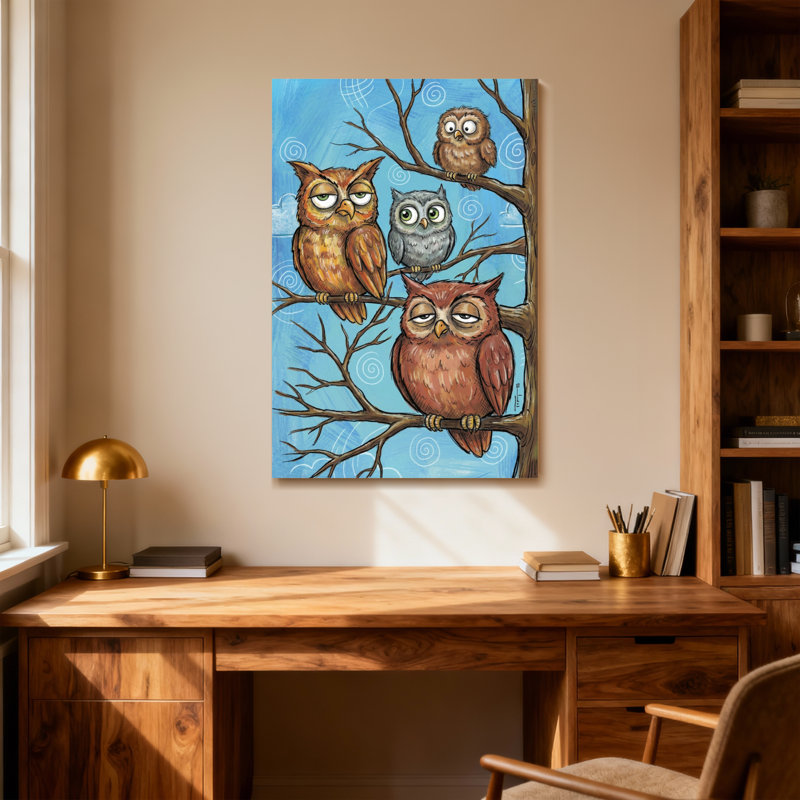 Animaux, quatre chouettes perchées sur des branches d'arbres, H 12 po x l 18 po
