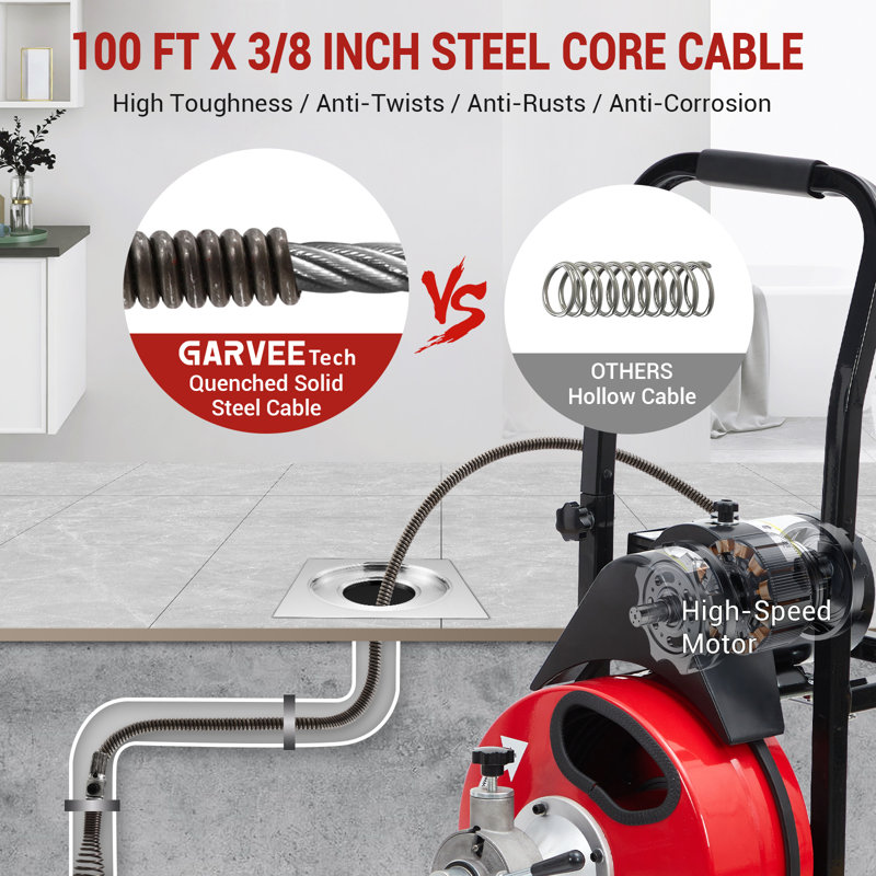 100ft x 3/8in Auto Feed Drain Cleaner Machine, 370W Portable Sewer Snake Auger with 8 Cutters & Air-Activated Foot Switch for 1" to 4" Pipes