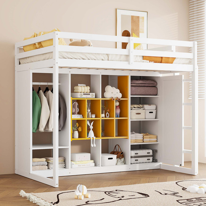 Twin Size Wooden Loft Bed with Wardrobe, Shelves, Yellow;White