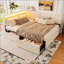 Base de lit simple à double boucle, structure de lit tapissier avec tête de lit, avec 2 tiroirs de rangement, lumière DEL et charge USB, pieds et lattes en bois massif, aucun sommier nécessaire, beige