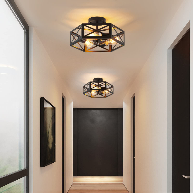 3 Light Hexagon Cage Flush Mount Ceiling Light Fixture, Black
