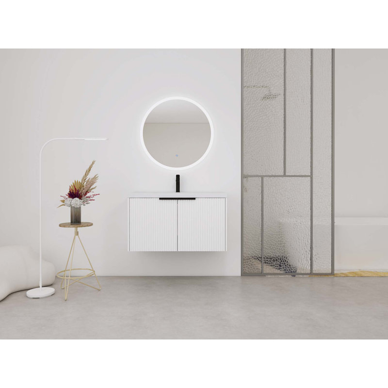 Meuble-lavabo mural 36 po avec lavabo en résine et 2 portes à fermeture en douceur (emballage KD), Blanc