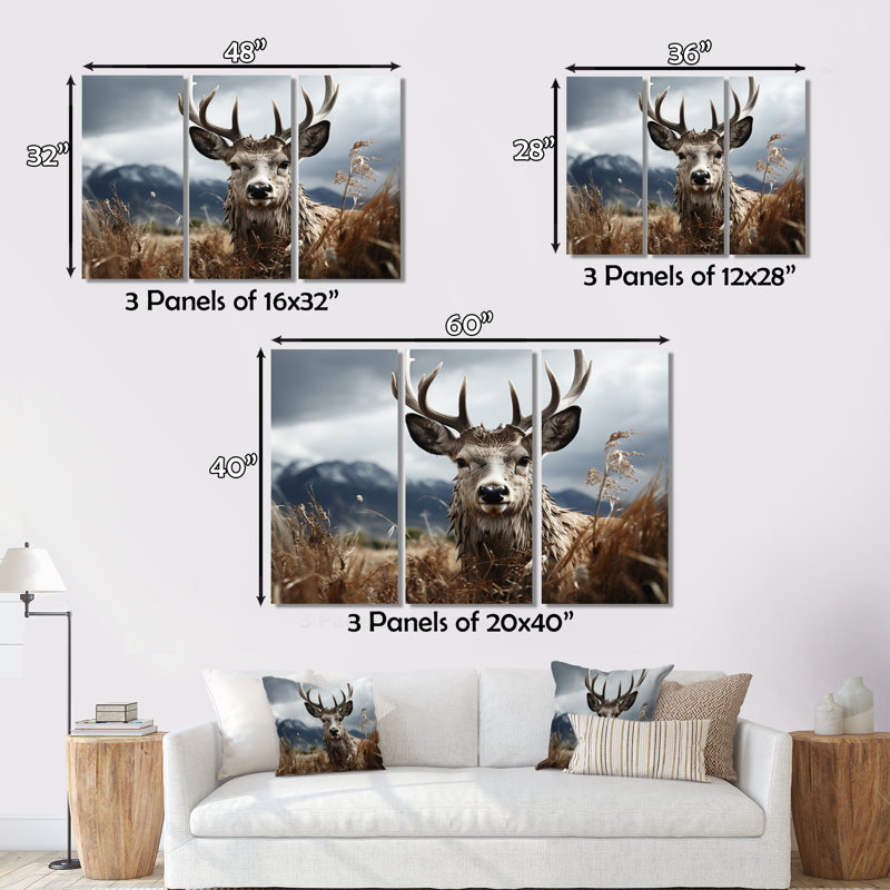 Photographie de cerf monochrome sur toile 3 pièces, H 28 po x l 36 po x P 1 po
