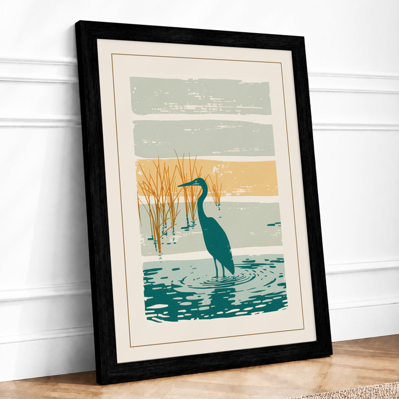 Heron in Reeds Japandi - Framed Print, A3 - 42.0 x 29.7 cm, Black
