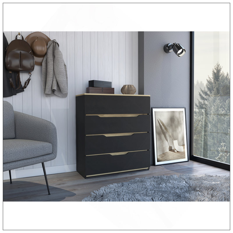 Commode hautbois, plateau supérieur, quatre tiroirs, finition wengé / chêne clair, Chêne clair