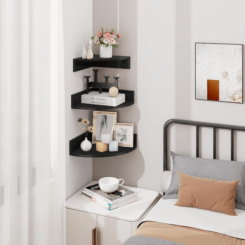 Corner Floating Shelves Wall Mounted Storage Organizer Set of 3, Black