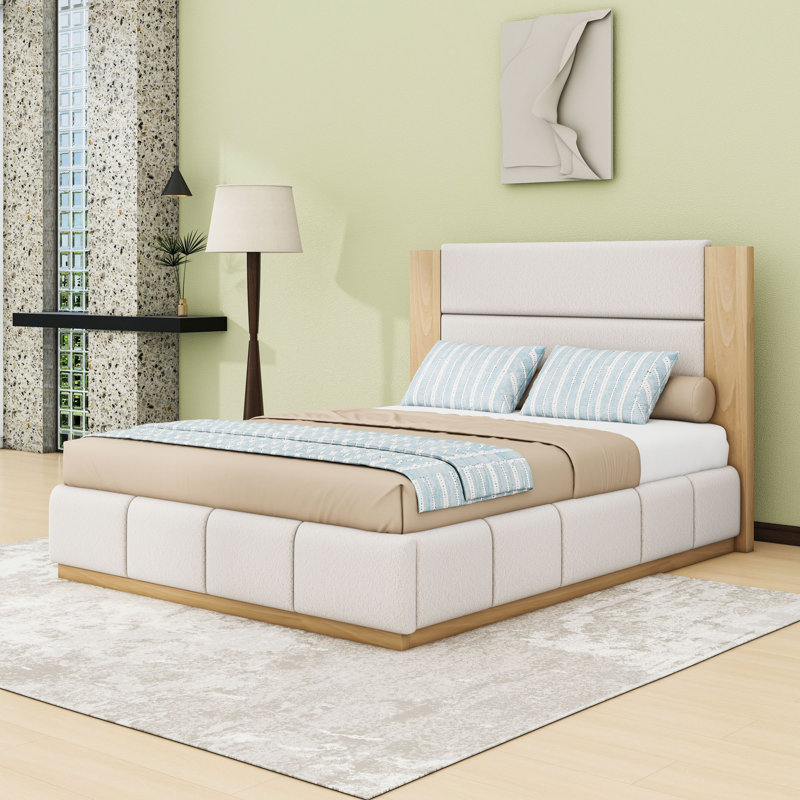 Lit plateforme tapissier élégant avec tête de lit en tissu d'ameublement doux, Grand lit, Blanc