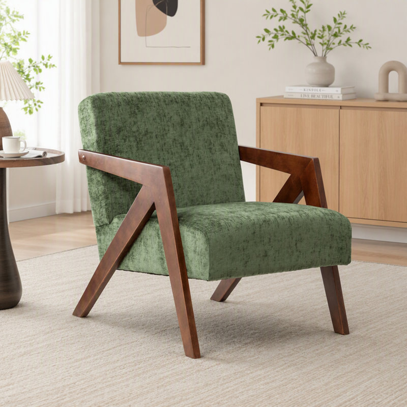 Chaise d'appoint Mid-Century moderne avec structure en bois et revêtement en lin doux, Green Chenille