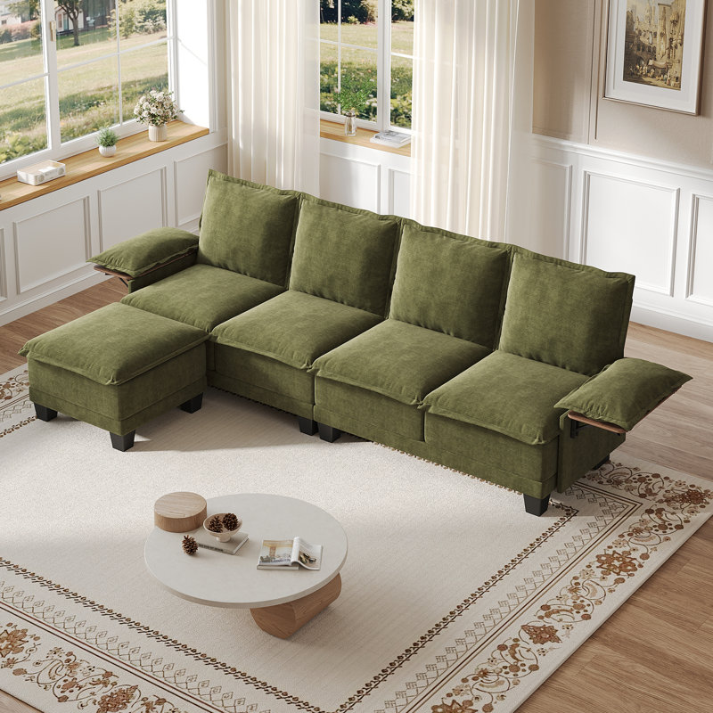 Modern L-Shaped Waterproof Chenille Sofa with Ottoman and Built-in Tables for Living Room, 35" H x 122" W x 57.5" D, Green