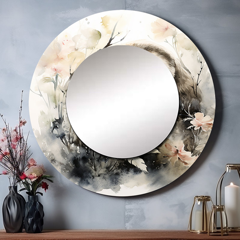 Sari Asian Art Sloth Sumi - miroir décoratif asiatique, miroir mural rond gris, impression sur métal, 29 po x 29 po
