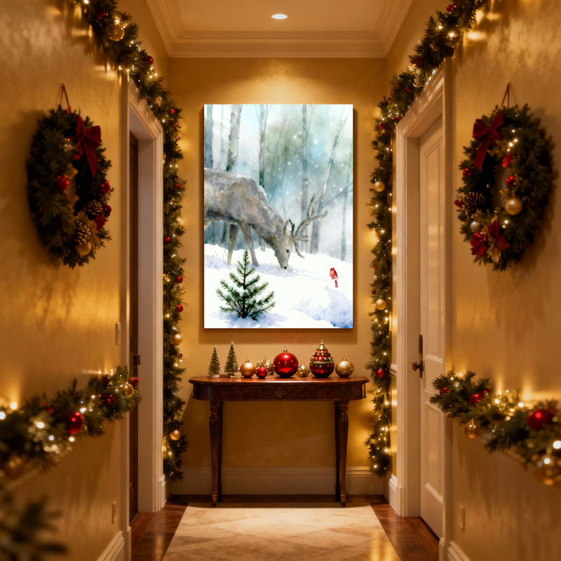 «Christmas Winter Deer Forest Snow Cardinal Tree», ensemble de 3 impressions d'art sur toile, H 30 po x l 20 po
