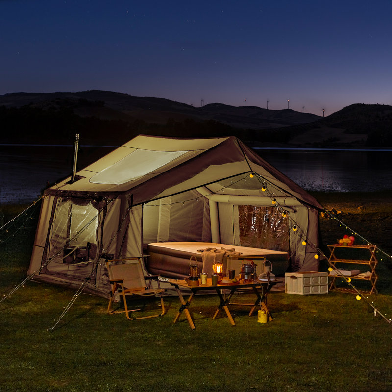 Tente de camping gonflable 8 x 12 pi - tente pneumatique 4 saisons avec ouverture de cheminée et lanterneau, hauteur de 7,5 pi, Oxford 300D imperméable, installation instantanée pour camping en famille Glamping Hot