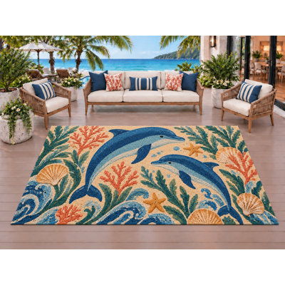 Tapis d'extérieur 5' x 7' Dauphins, épais, solide, imperméable, en PVC bouclé, tapis de patio robuste, tapis intérieur/extérieur à séchage rapide pour porche, terrasse, balcon, entrée, camping-car.