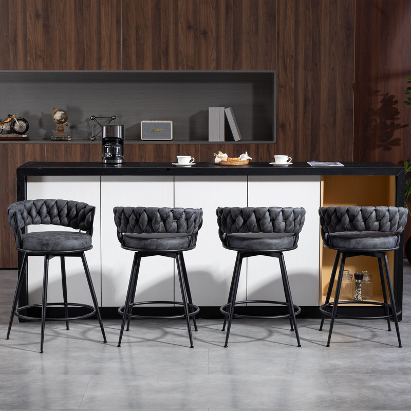 24" Counter Height Bar Stools Set of 4 - 360° Swivel with Suede Fabric & Modern Woven Design, Backrest & Footrest for Kitchen Cafe Pub